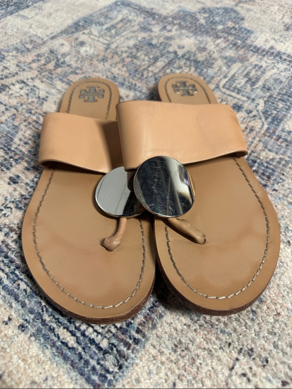 Tory Burch Nude/Tan Leather Slide Sandals with Silver Disc Accents